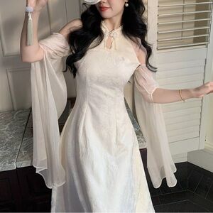 NWOT Elegant Cream Off-Shoulder Dress (Qipao)